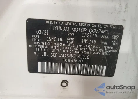 2021 Hyundai Accent Se from USA, damaged, VIN 3KPC24A64ME142916